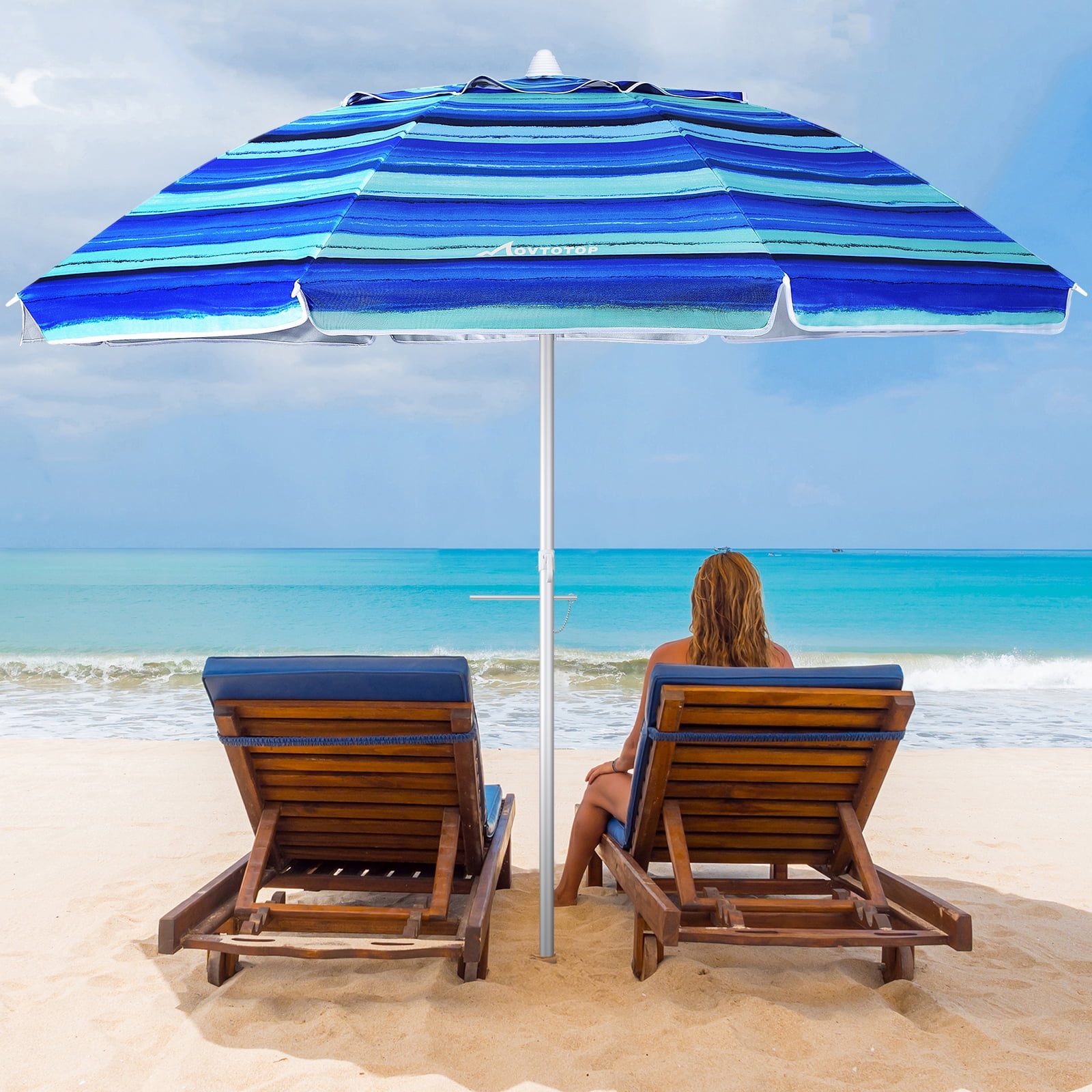 6.5ft Sand Anchor with Tilt Aluminum Pole Protection Beach Umbrella with Carry Bag for Outdoor Patio Blue/White Portable UV 100 MOVTOTOP Beach Umbrella