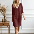 thumbnail image 2 of Vetsdori Women's Solid Color V-Neck Lace 3/4 Sleeve Linen Shift Dress Casual Flowy Summer, 2 of 9