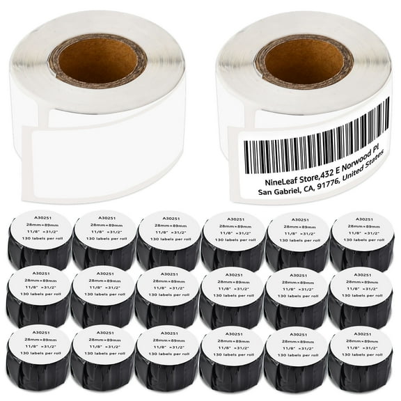 NineLeaf 20 Rolls Compatible for DYMO LW 30251 1-1/8 in x 3-1/2 in Premium White Address Barcode Labels, 130 Labels Per Roll