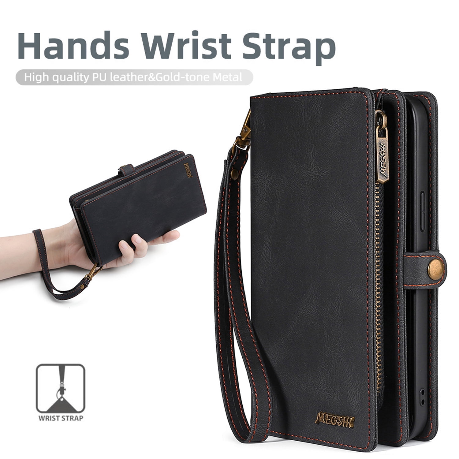 for Samsung Galaxy S25 Plus Case for Women Men, Removable Durable PU Leather Magnetic Flip Strap Wristlet Zipper Purse Card Holder Detachable Wallet Phone Cases for Samsung Galaxy S25 Plus, Black