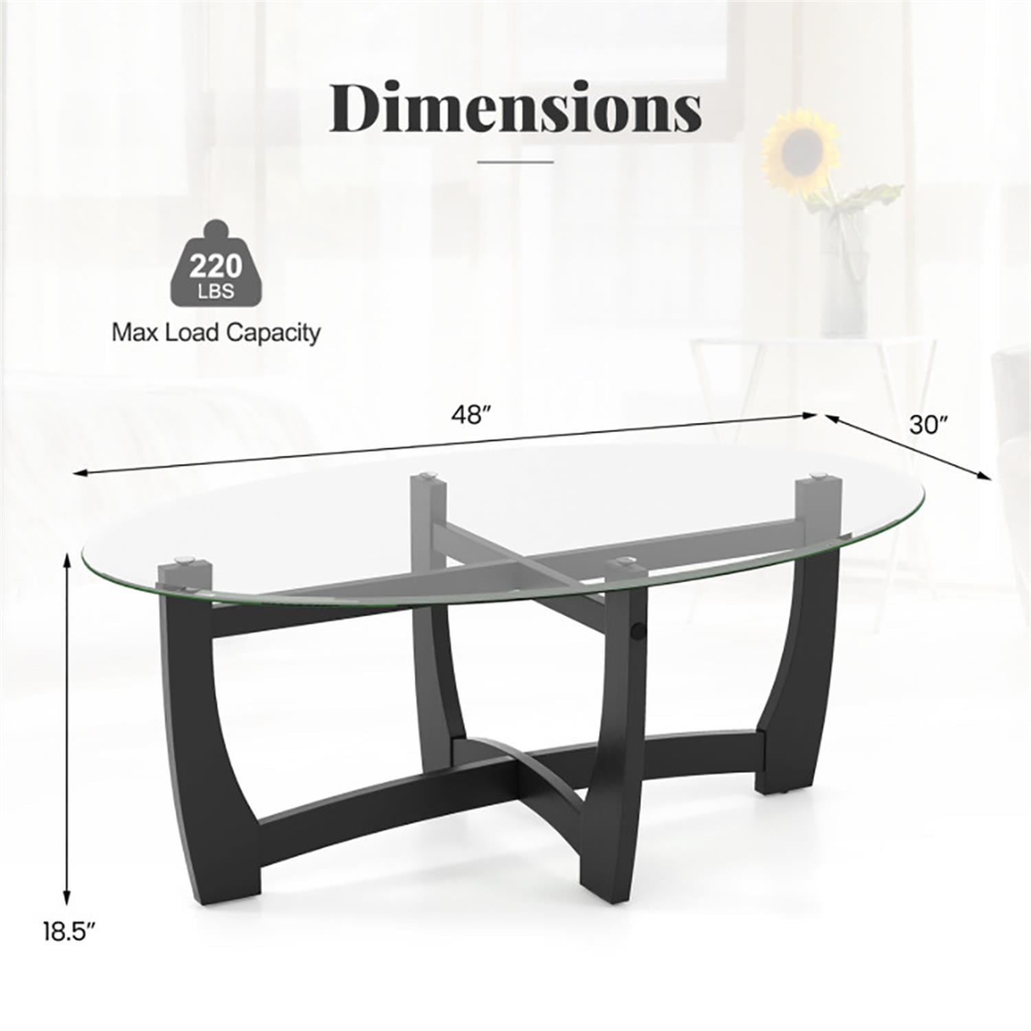 Demi Bonn Oval Coffee Table, Dining Center Tables with Tempered Glass Tabletop and Rubber Wood Legs for Living Room, Bedroom, Office and Balcony, Black