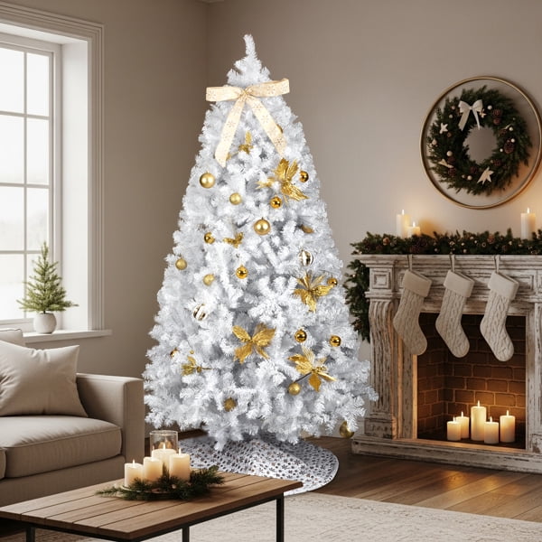 7.5FT White Pre-Lit Christmas Tree - 1600 PVC Branch Tips 400 Warm White LEDs Bow/Golden Flower Ornaments Easy Setup for Home