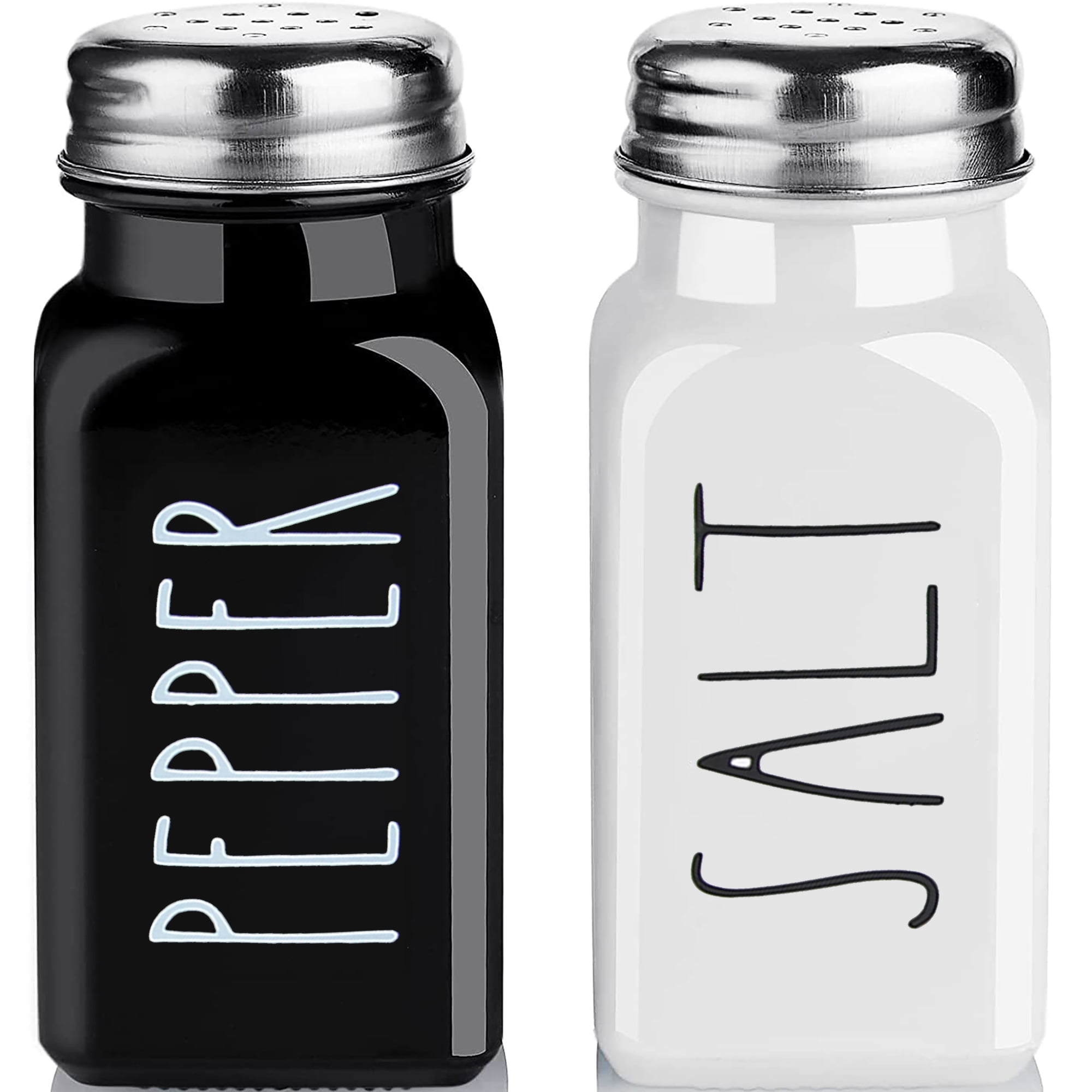 White Enamel Salt & Pepper Shaker Holder with Black Trim & Two Glass Shakers 
