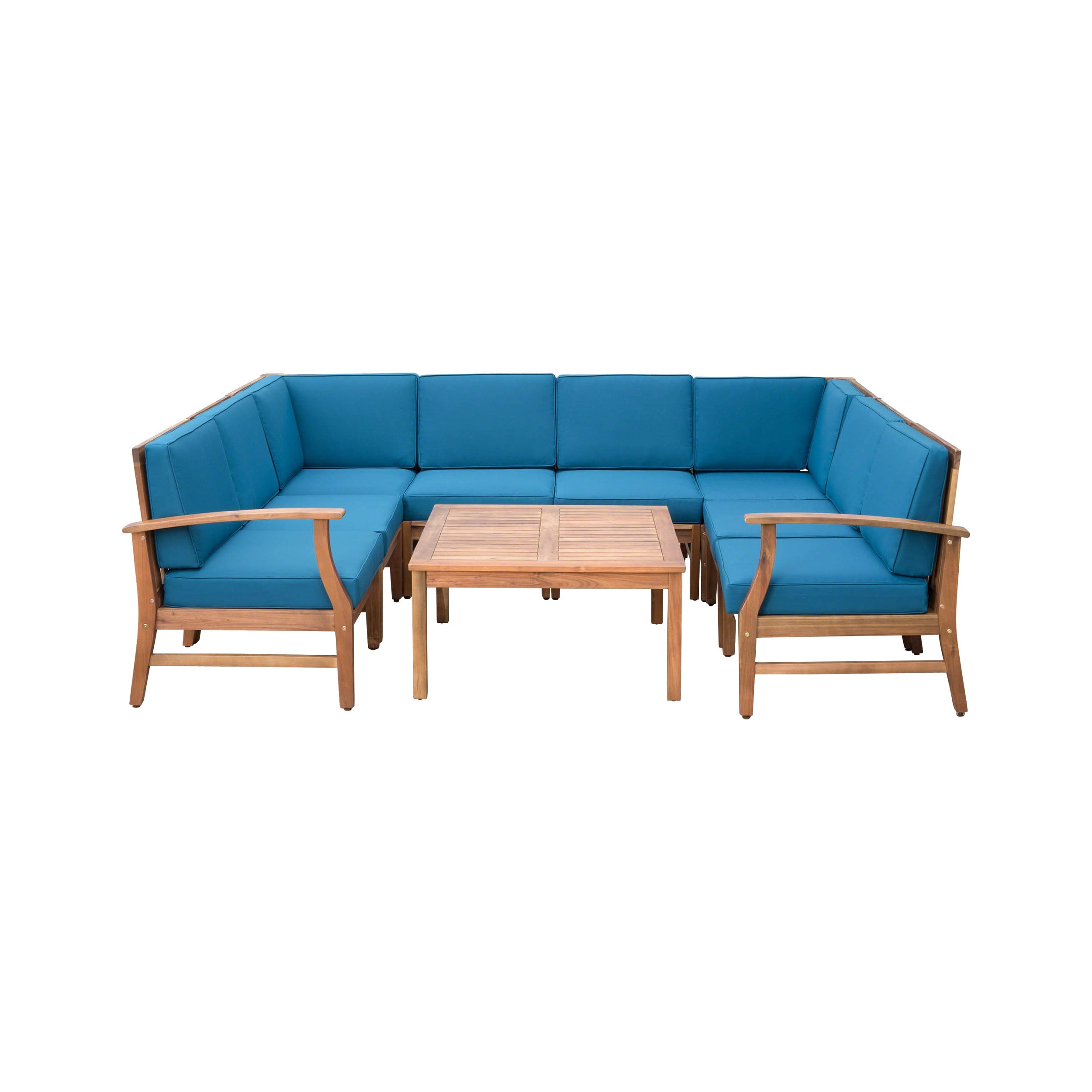 Bodhi Outdoor 8 Seater Acacia Wood Sectional Sofa and Table Set with Cushions, Teak, Blue