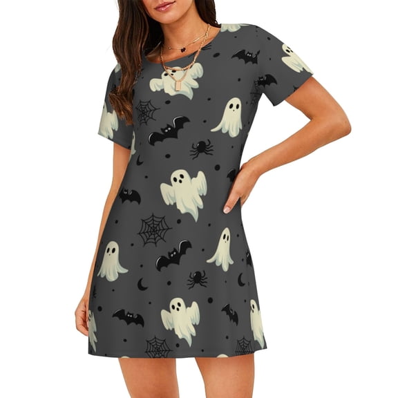 Halloween Ghost Bat Women'S Nightgown Sleepwear Short Sleeves Nightshirt Loose Comfy Pajama Medium