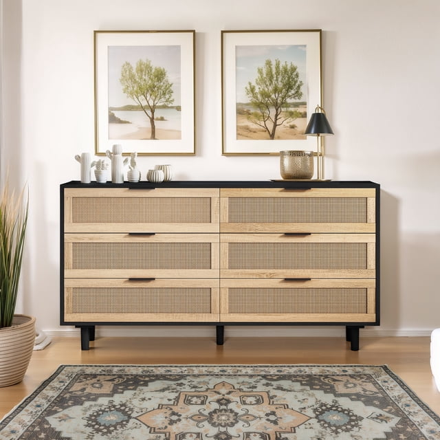 Storage Cabinet with Drawers, Black Rattan-Style MDF Cabinet for Living Room Bedroom Entryway
