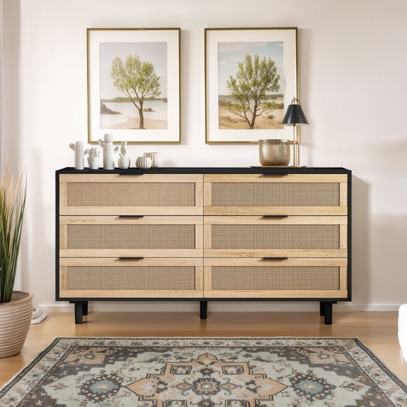 Storage Cabinet with Drawers, Black Rattan-Style MDF Cabinet for Living Room Bedroom Entryway