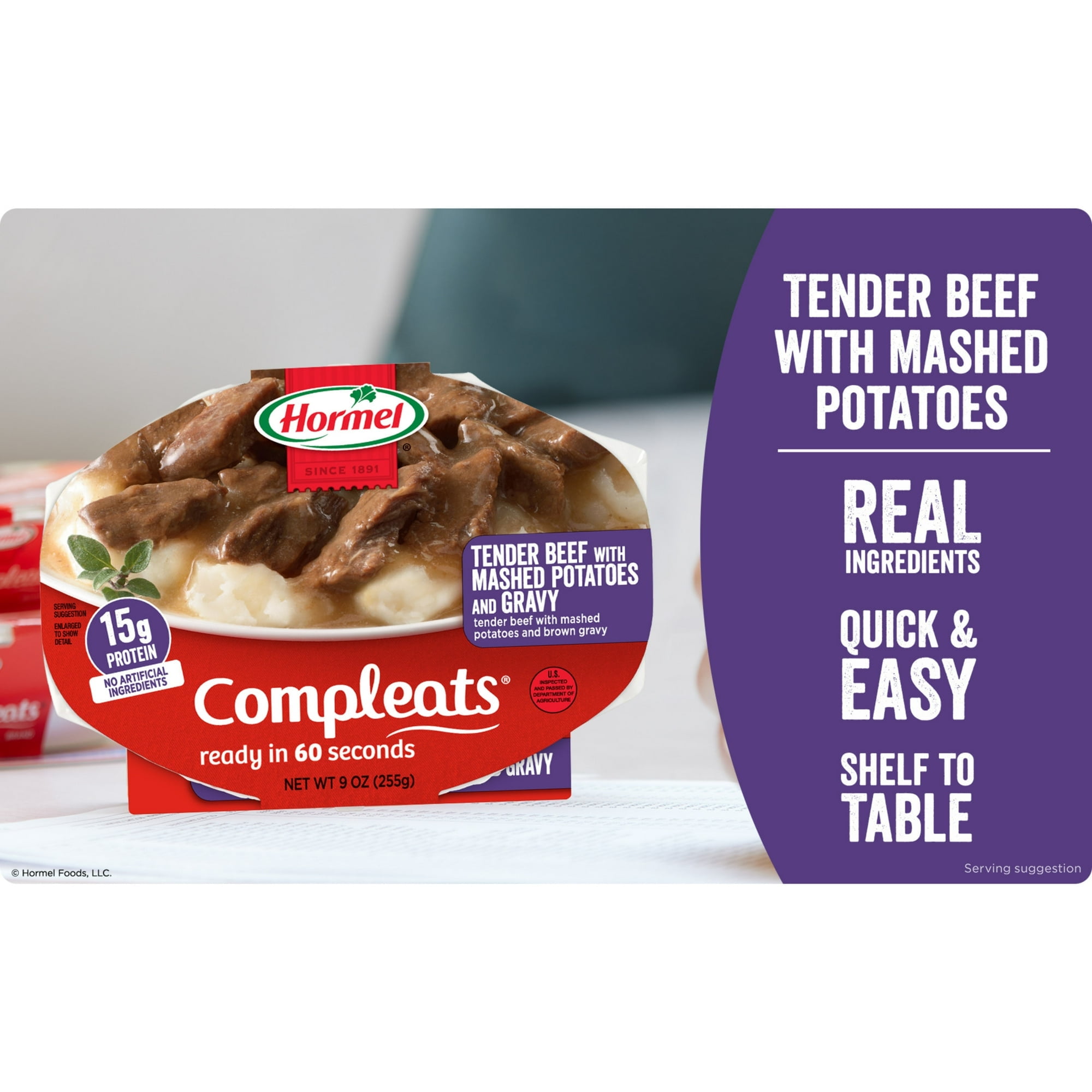 HORMEL COMPLEATS Tender Beef and Mashed Potatoes with Gravy, Shelf Stable, 9 oz Plastic Tray (3 Pack)