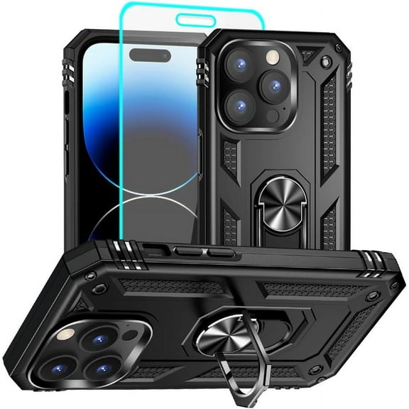 for iphone 14 Pro Case, iphone 14 Pro Phone Case with HD Screen Protector, [Military Grade 16ft. Drop Tested] Ring Shockproof Protective Phone Case for iphone 14 Pro,Black
