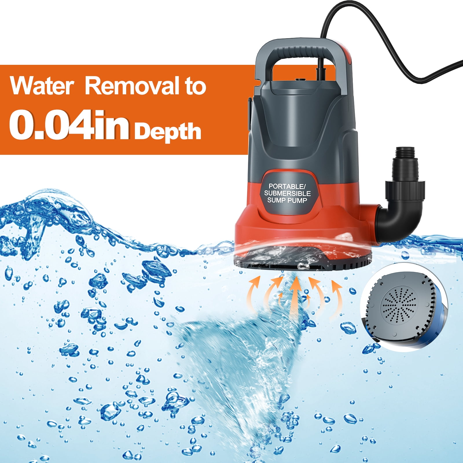 Sump Pump 1HP 4500 GPH Submersible Water Pump Portable Transfer Water Pump Utility Pump for Pool Patio Draining Basement