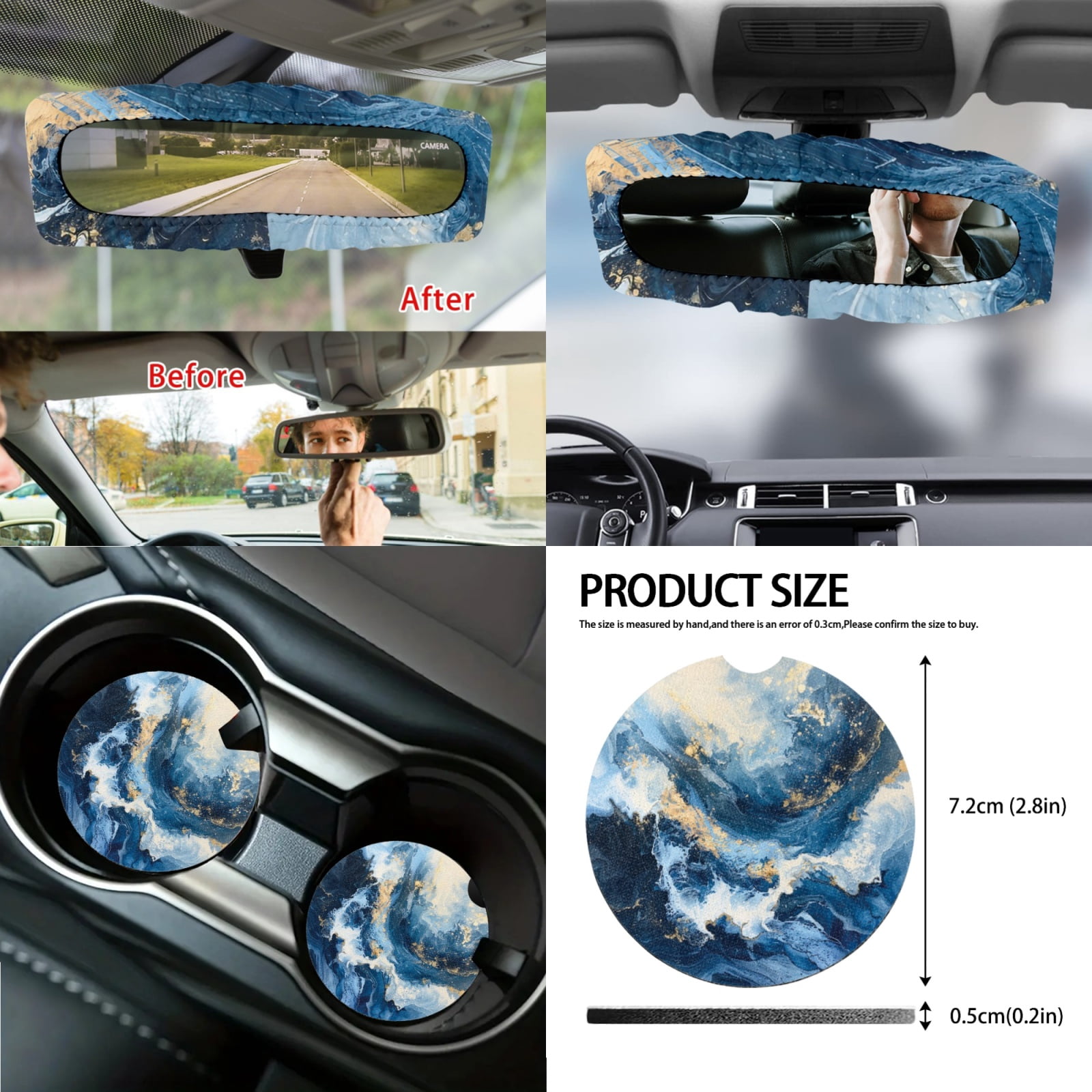 Yuyamidu 14 Piece Blue Marble Print Car Seat Cover Set with Steering Wheel Cover Seat Belt Strap Cover Garbage Bin Armrest Cover Rearview Mirror Cover Coaster Gear Shift Knob Cover Set Fit SUV Sedan