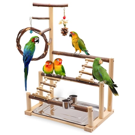 Liwantech Bird Perch Stand, Natural Wood Parrot Playground with Feeding Cups Swing Chew Toys for Small Medium Birds, Parakeet Conure Cage Accessories