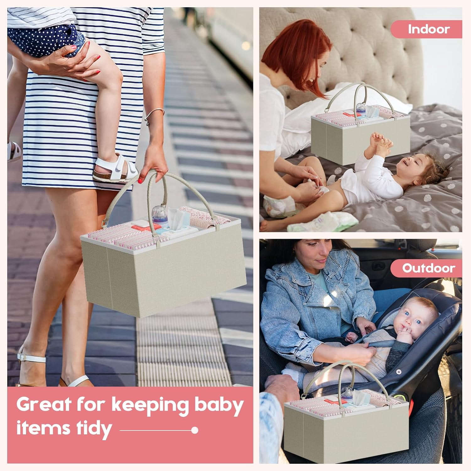 2-in-1  Diaper Caddy Organizer with 3 Tiers and Drawer, White Rolling Cart for Nursery Storage