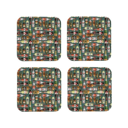 

Fuzoiu Alcohol Bottles Print Leather Coasters Set Drink Coasters Set of 4 for Tabletop Protection Durable PVC Coasters Home Décor and Housewarming Gift-Square