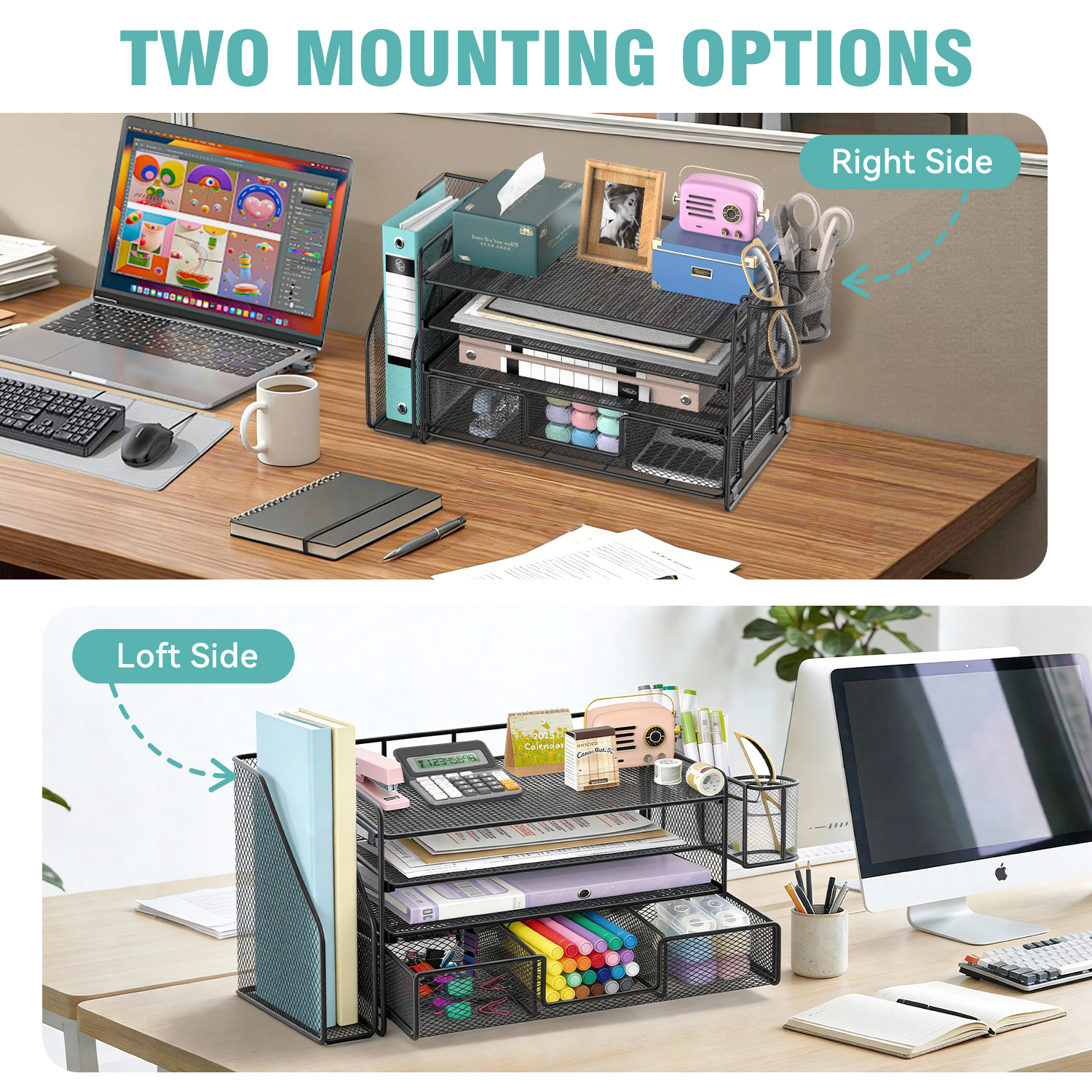 Desk Organizer and Accessories, 4-Tier Desktop File Organizer with Drawer and 2 Pen Holders, Office Desk Accessories & Workspace Organizers (Black)