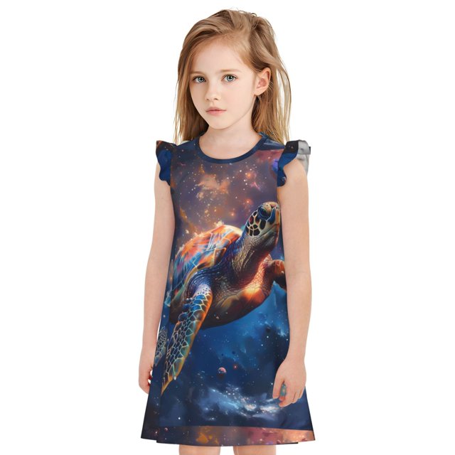 Fotbe Night Sky Turtle Vestido de Dormir para Niñas de 3 a 10 Años, Mangas Cortas, Estilo Princesa, Pijama Camisón con Mangas Voladas-Medium