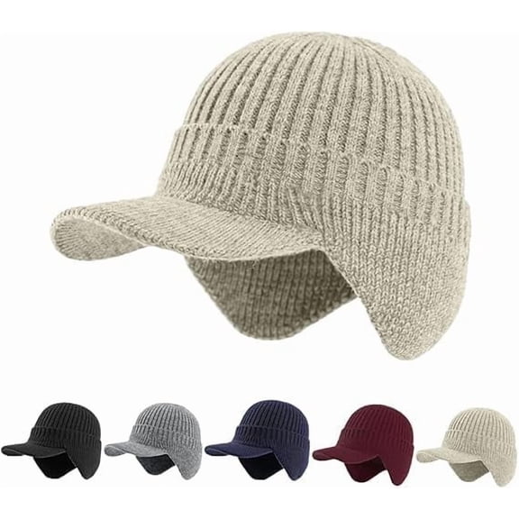 Beanies for Women Men, Winter Knitted Hat with Brim & Ear Flaps, Warm Fleece Lined Beanie for Skiing, Hiking, and Outdoor Activities