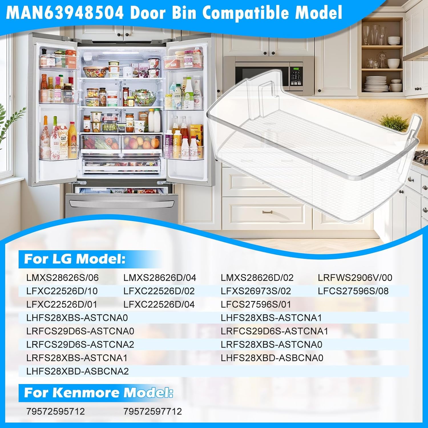 UPGRADED MAN63948504 Refrigerator Door Shelf Bin Compatible with Lg Fridge Door Shelf Replacement LFXC22526D LMXS28626S LFXS26973S Door Shelf Basket Bin Kenmore Lg Refrigerator Door Bin Replacement