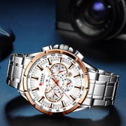 CURREN Watch 8363 Men Quartz Wristwatchwith Stainless Steel Strap Band Three Sub-Dials Waterproof Luminous Hands Silver and White Dial