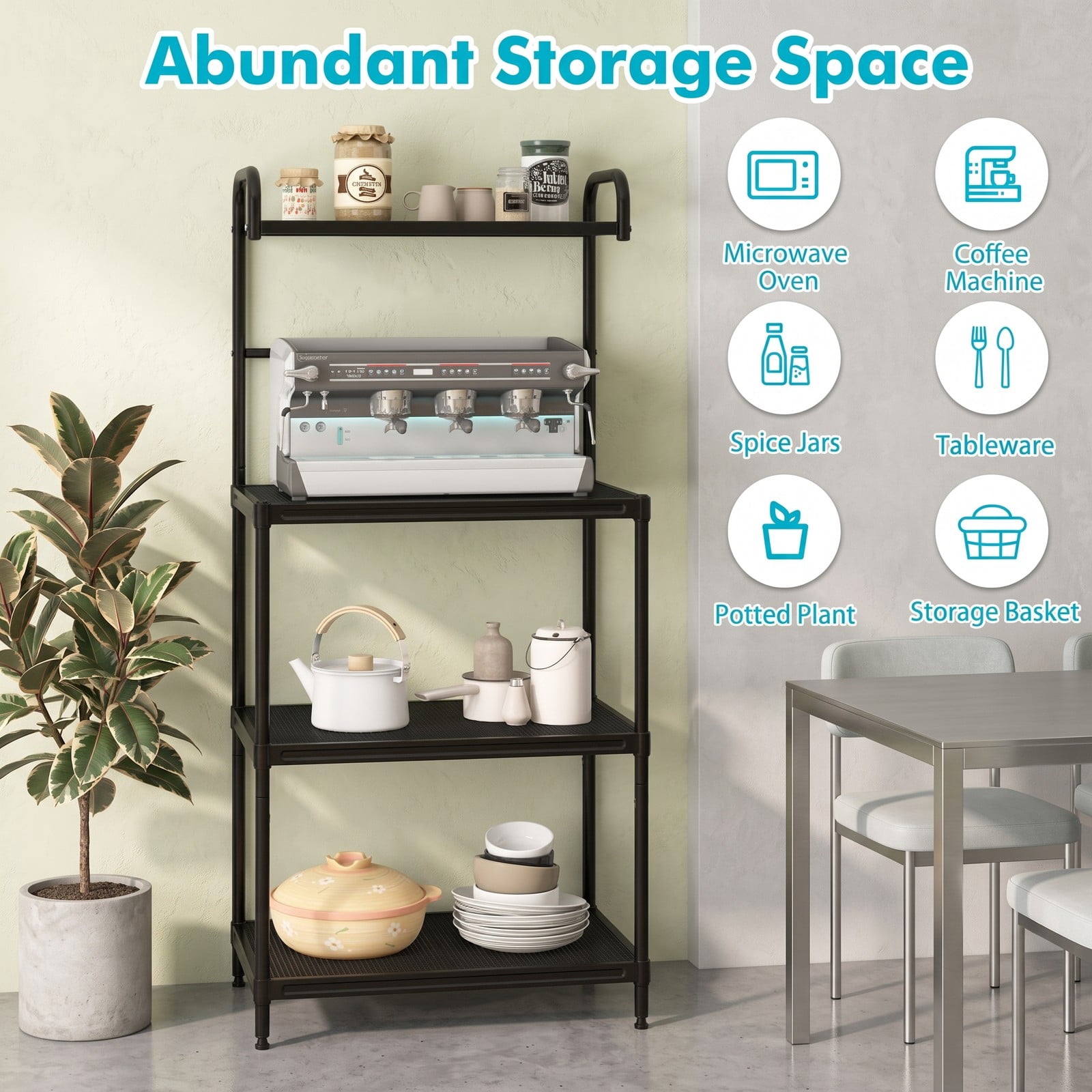 RUIE 4-Tier Kitchen Microwave Storage Rack, Freestanding Baker's Rack Organizer with Metal Shelves, Heavy-Duty Iron Utility Stand for Pantry Living Room, Black