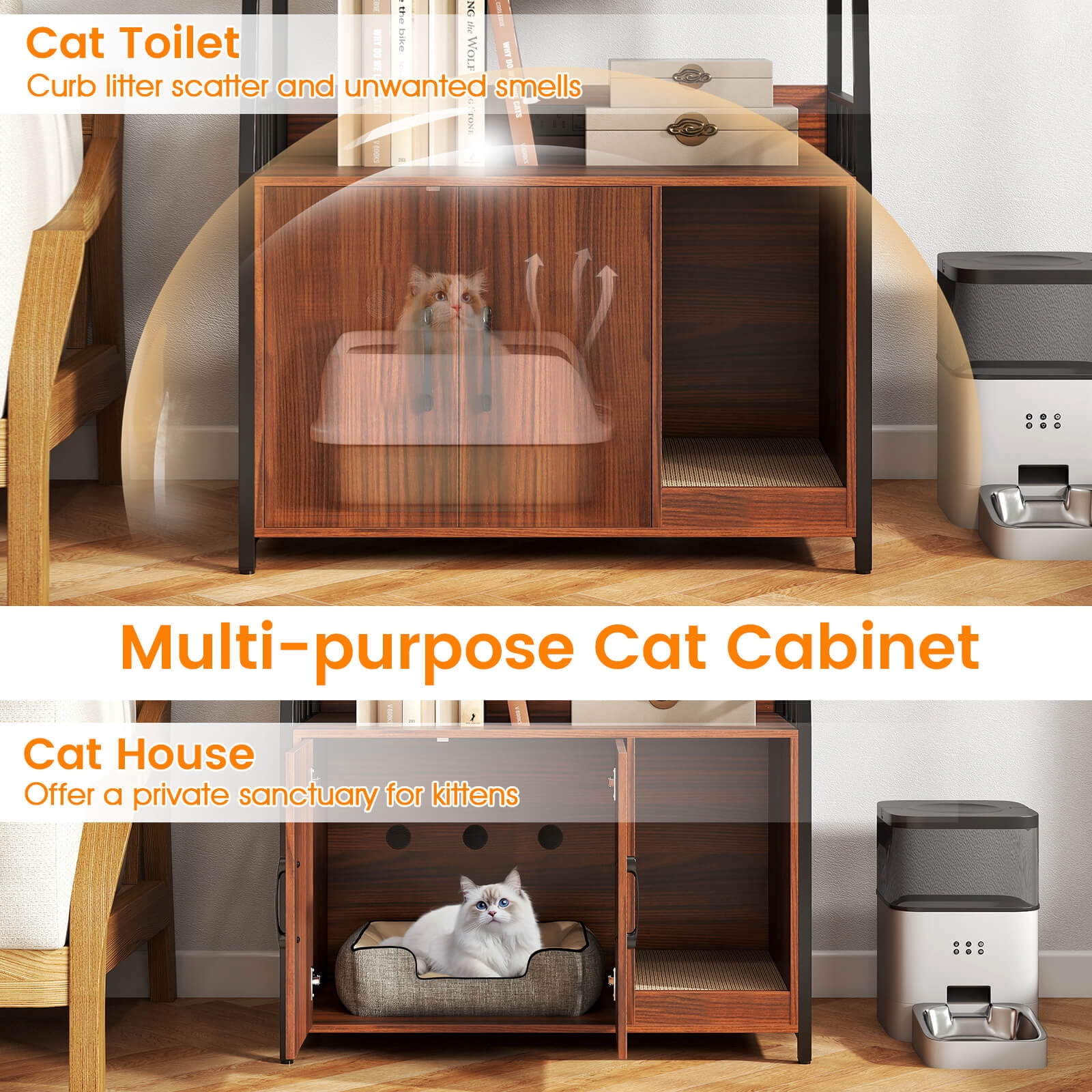 Costway Cat Litter Box Enclosure with Storage Shelves with Scratching Pad, Charging Station