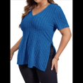 thumbnail image 1 of Blusas de Talla Grande para Mujer, Informales, con Cuello en V, Corta y Dobladillo Dividido, para Verano. Azul XXXL, 1 of 8