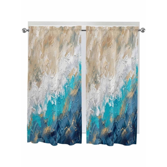 Abstract Blue Bathroom Window Curtain, Gradient Vintage Ombre Mottled Oil Painting Light Filtering Coffee Kitchen Curtains, Bedroom Living Room Curtains 2 Panel 84"x63"