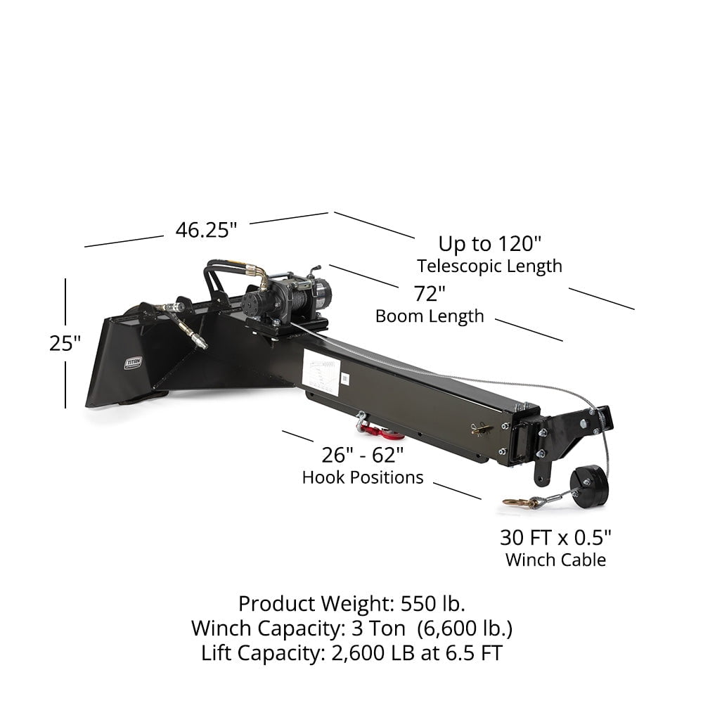 Titan Attachments Skid Steer Adjustable Jib Crane with Hydraulic Winch, 120" Manual Telescoping Boom