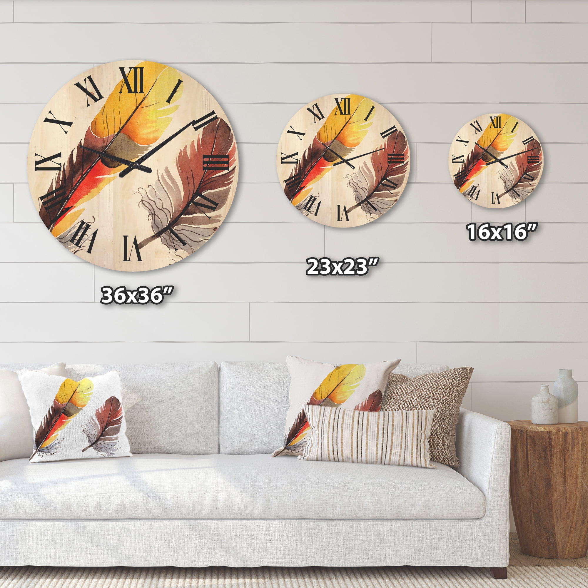 Designart 'Colourful Boho Art Feathers IV' Bohemian & Eclectic Wood Wall Clock