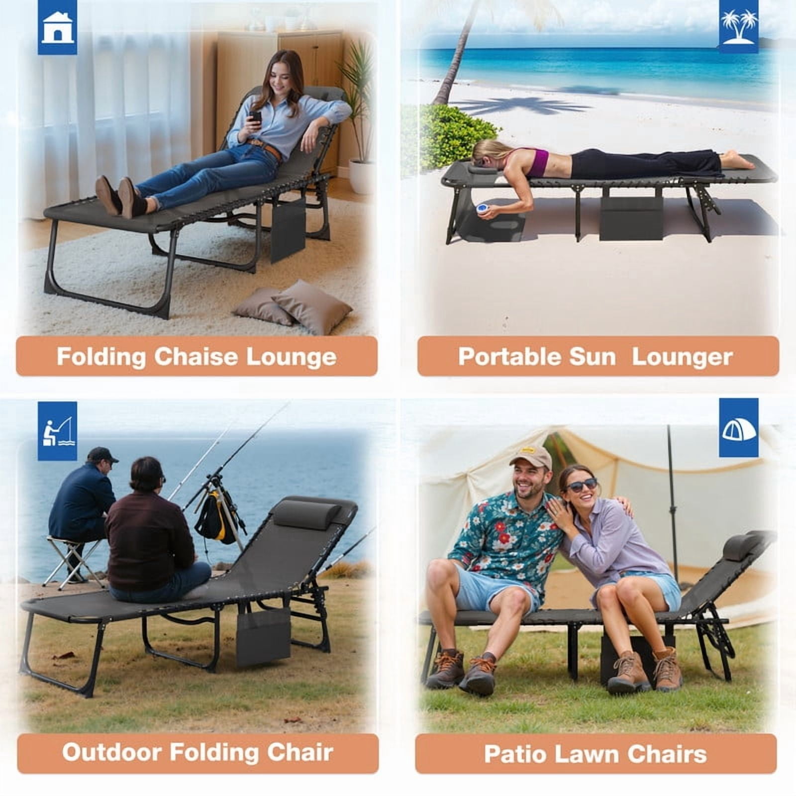 Vineego Folding Chaise Lounge Chair with Face Hole for Tanning, 5-Position Adjustable Textilene Outdoor Sunbathing Chair, Face Down Patio Pool Lounge Chair with Side Pocket & Pillow, Gray