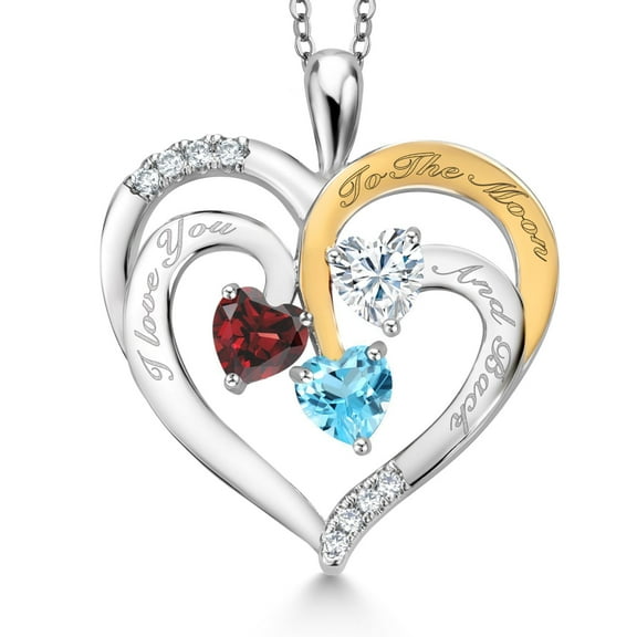 Gem Stone King Two Tone Red Garnet White Moissanite Swiss Blue Topaz `I love you to the moon and back` Engraved Pendant Necklace for Women (1.57 cttw, Heart Shape 5MM, 18 inch Chain)