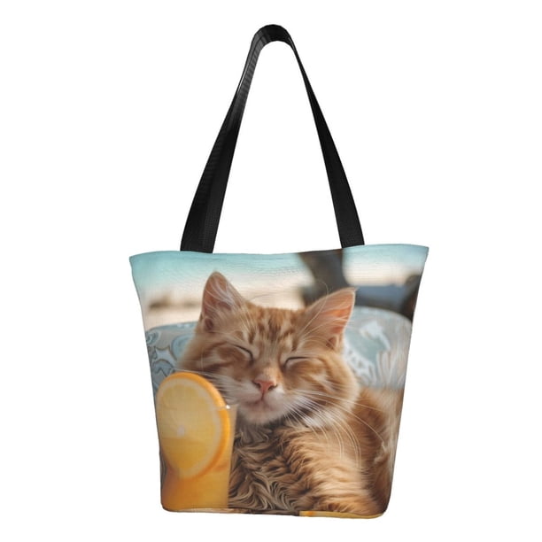 Fotbe Relaxing Cat With Orange Juice Bolsa de Playa con Estampado, Bolsa de Hombro, Bolsa de Mano Espaciosa, Bolsa de Viaje Ligera, Bolsa de Compras Versátil