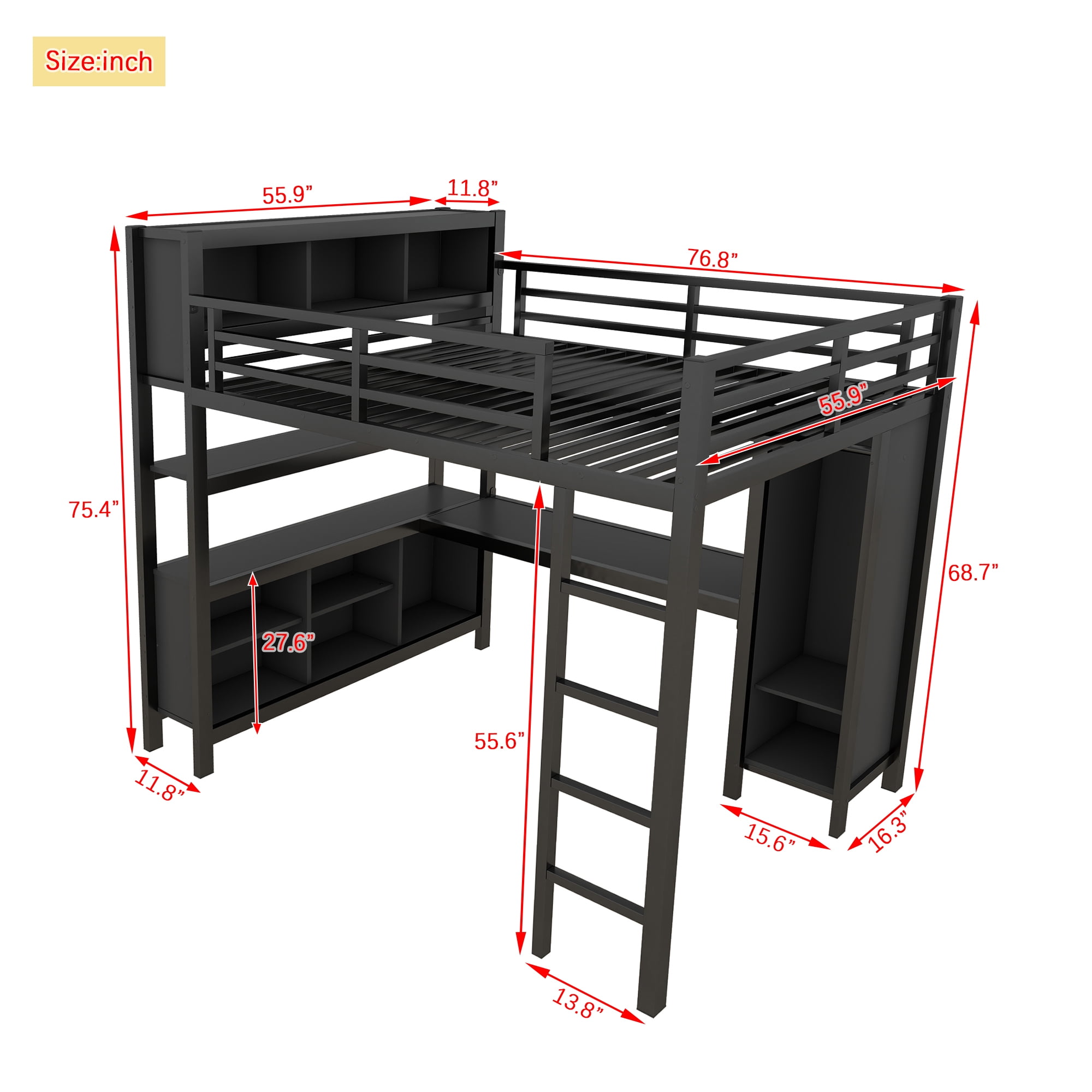 Full Size Loft Bed for Teens and Adults,Metal Loft Bed with Wardrobe And L-shaped Desk,Heavy Duty Loft Bed with Storage Cubes and Shelves for Kids Teens Adults,Black