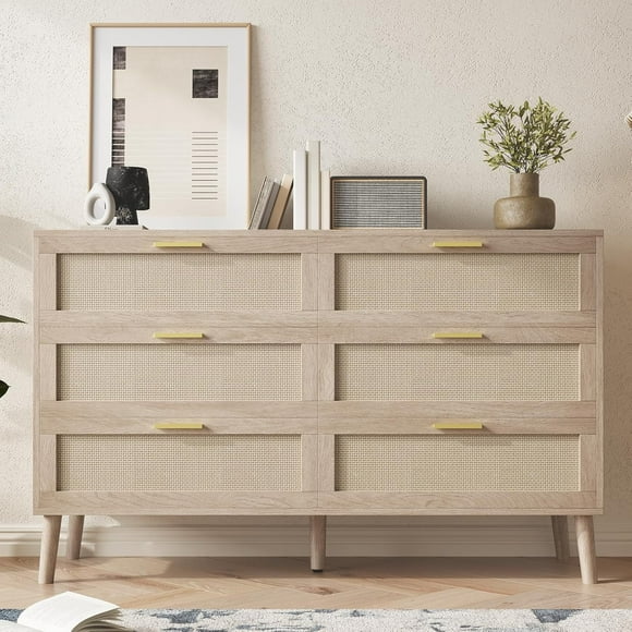 6 Drawer Rattan Dresser, 47.2" x 15.7" x 29.5" Rattan Chest of Dressers, Mid Century Modern Dresser for Closet with Handles, Large Table Top, Dressers Bedroom, Living Room, Hallway (6 Drawers)