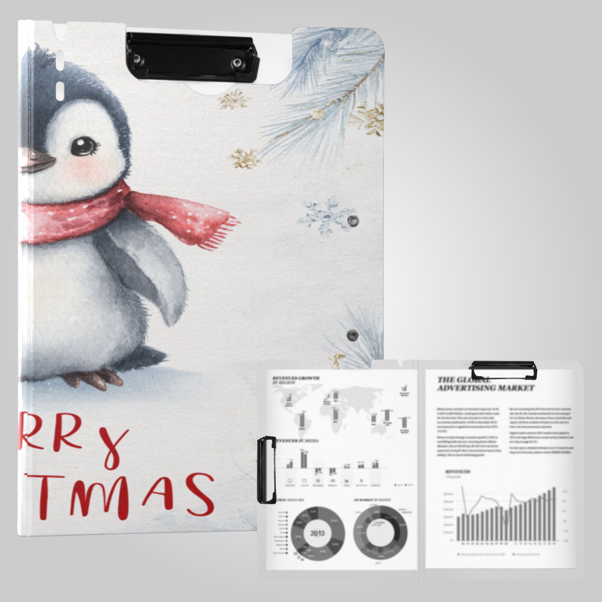 Foldable Binder Clipboards 360°Portable Plastic Folder Clipboard Extra Large Capacity Organizer Binder 18.9" x 12.6" for College Office Home Christmas Cute Baby Penguin