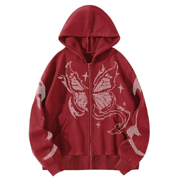 Y2K Rhinestone Butterfly Zip Up Hoodie Oversized Couples Hooded Sweatshirt Sparkly Graphic Jacket Soft Streetwear Unisex Casual Outerwear