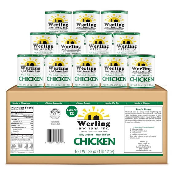 Werling & Sons Canned Chicken 28 Oz, Pack of 12 – Fully Cooked, Ready to Eat, High-Protein Canned Meat with 5-Year Shelf Life – Great for Recipes, Camping, Emergency & Survival – Made in USA