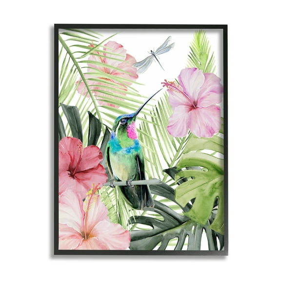 Stupell Industries Hummingbird Tropical Hibiscus Animals & Insects Painting Black Framed Art Print Wall Art