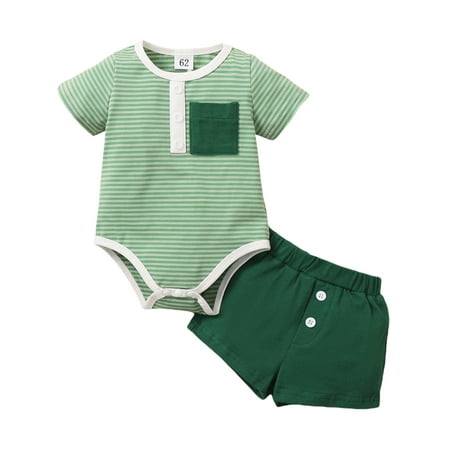 

Canrulo Toddler Baby Boy Summer Clothes Stripe Short Sleeve Romper Solid Color Shorts 2Pcs Casual Outfits Green 6-9 Months
