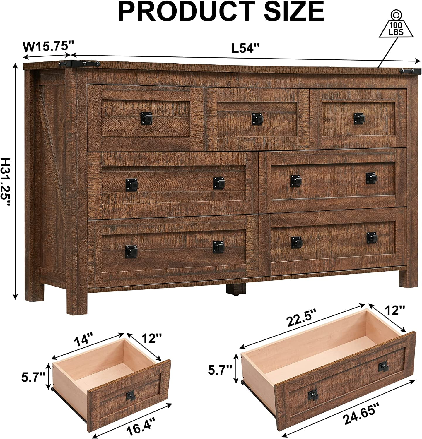 OKD Wood Farmhouse 7 Drawers Dresser Storage Cabinet, Reclaimed Barnwood