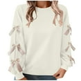 thumbnail image 3 of Women's Crewneck Long Sleeve Ribbon Bow Sweatshirt Y2K Cute Loose Fit Drop Shoulder Bowknot Valentine Pullover Top White M, 3 of 9