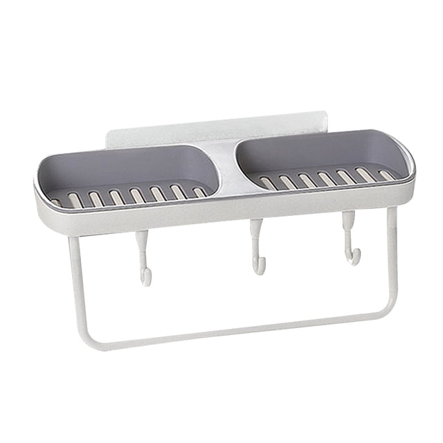 Jabonera creativa de pared con doble siamés, con drenaje sin perforaciones y gancho para baño (gris)
