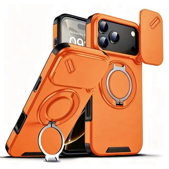 ArtCaseLab iPhone 17 Pro Max Heavy Duty Protective Phone Case, Flip Camera Cover with Built-in Ring Kickstand, Shockproof Rugged Phone Case, Orange