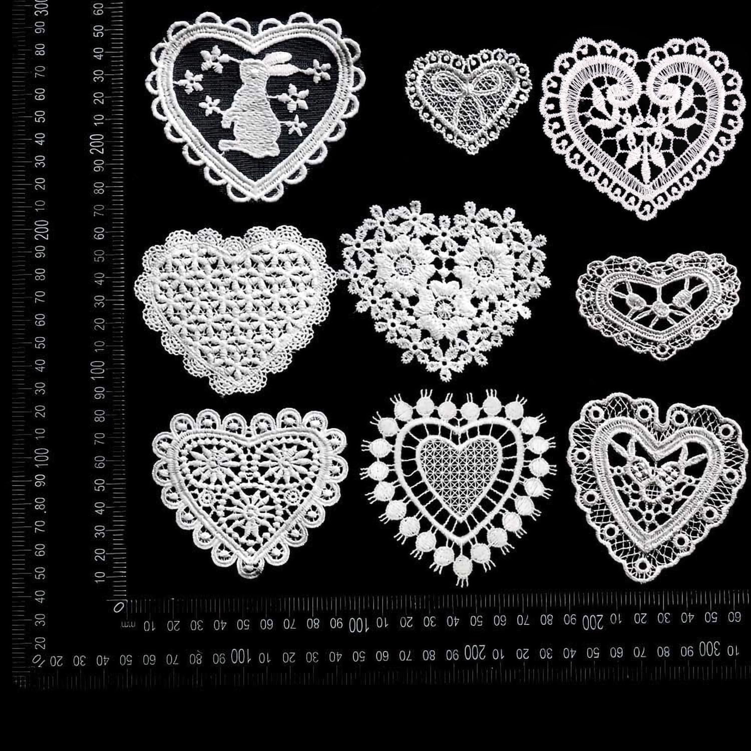 9pcs Heart Shapes Lace Applique Embroidery Organza Patches DIY Sewing Craft for Decoration Repairing and Decorating (White)