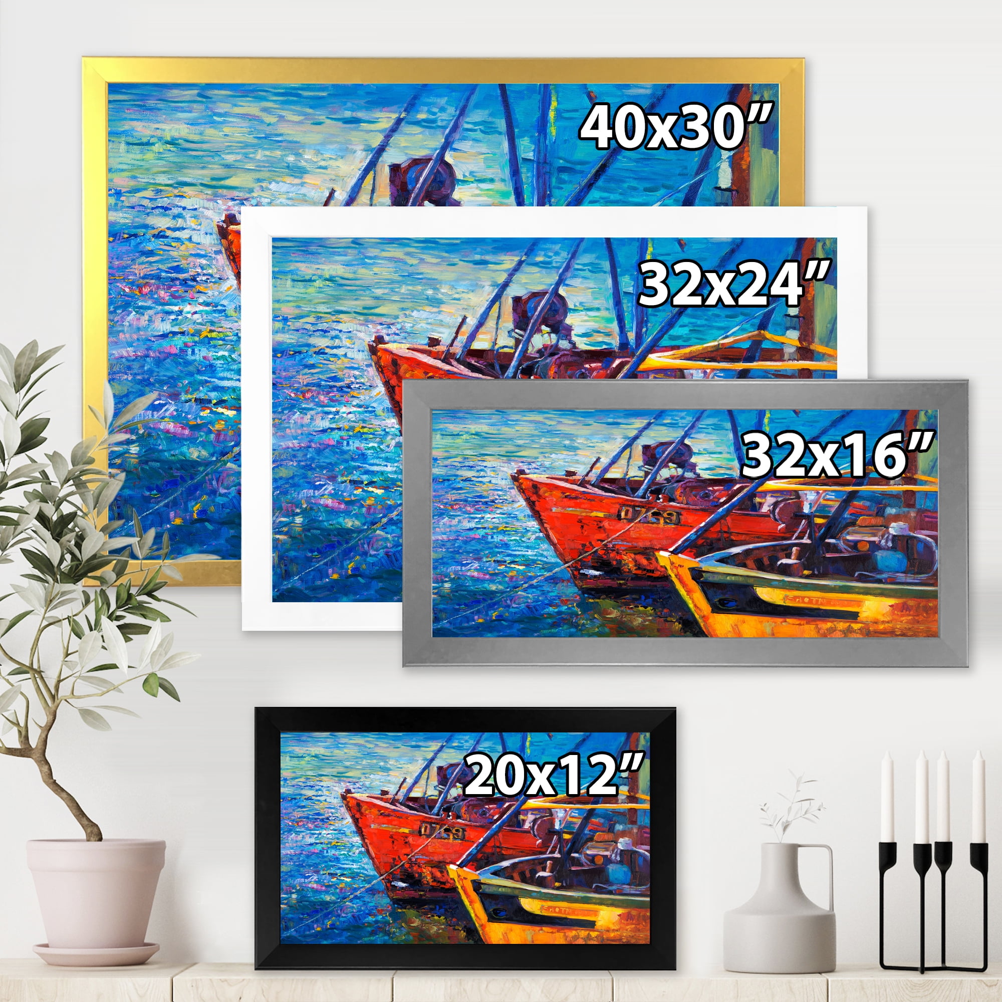 Designart 'Boats During Warm Sunset Resting On The Water VII' Nautical & Coastal Framed Art Print