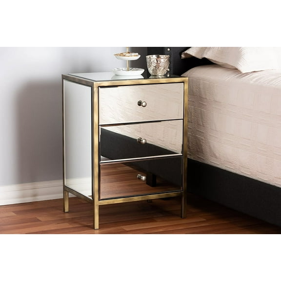 Baxton Studio Nouria Modern and Contemporary Hollywood Regency Glamour Style Mirrored 3-Drawer Nightstand Bedside Table