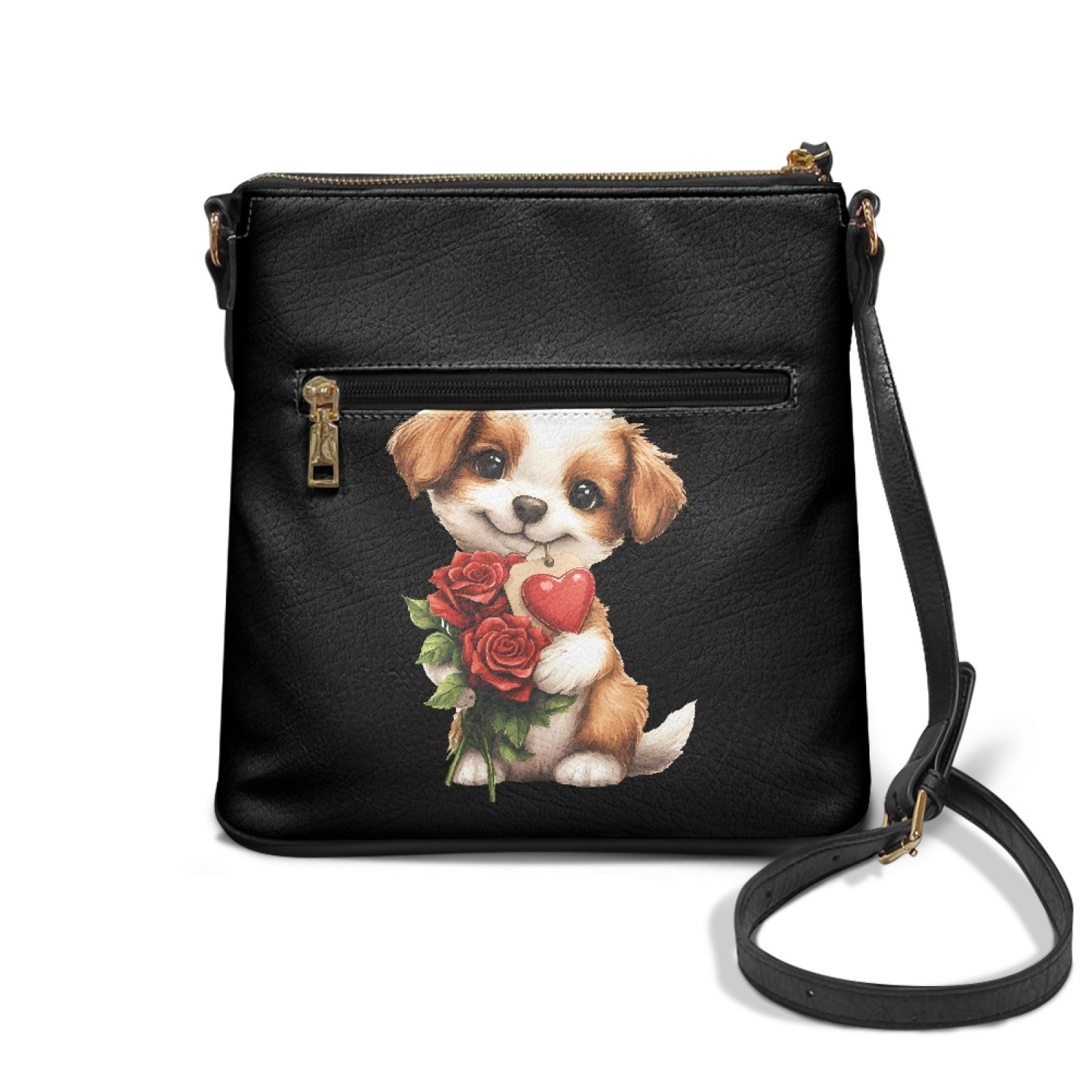 LedBack Dog with Rose Crossbody Purse for Women, Leather Satchel Bag Shoulder Handbag Zipper Hobo Purse with Adjustable Strap Sling Messenger Bag, Black