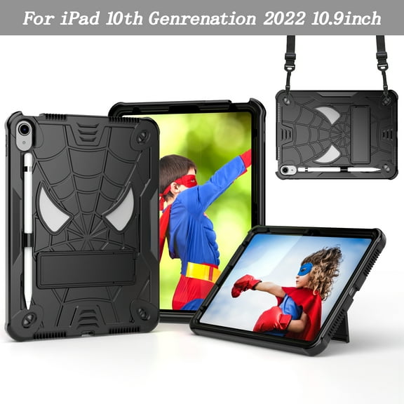 Dteck for iPad 10th Generation Case 10.9 Inch 2022,Military Grade Heavy Duty Shockproof Cover with Foldable Kickstand & Shoulder Strap & Pencil Holder for 10.9" iPad Case 10th 2022 Released,Black