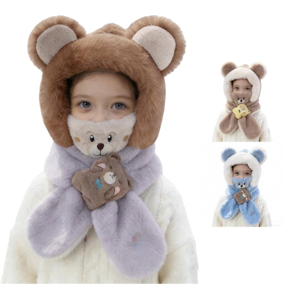 Krdevn Cute Bear Ear Plush Kids Earflap Hat Matching Bear Scarf Set Soft Thermal Windproof Winter Cold Weather Cap for Toddler Boys Girls