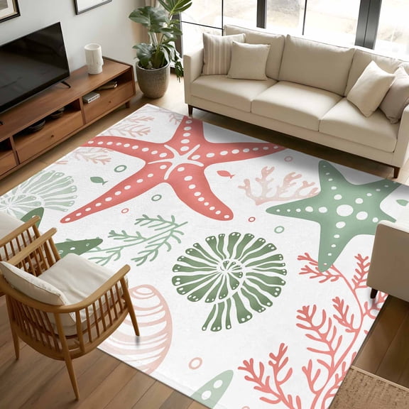 8x10 Area Rugs Red Sage Green Starfish Coastal Non-Skid Rubber Backing Large Rectangle Rugs - Living Room Bedroom Home Office, Beach Nautical Coral Sea Indoor Floor Mat Carpets Washable Rug